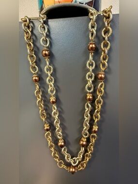 Layered TwoTone Gold Chain Necklace with Brown Beads